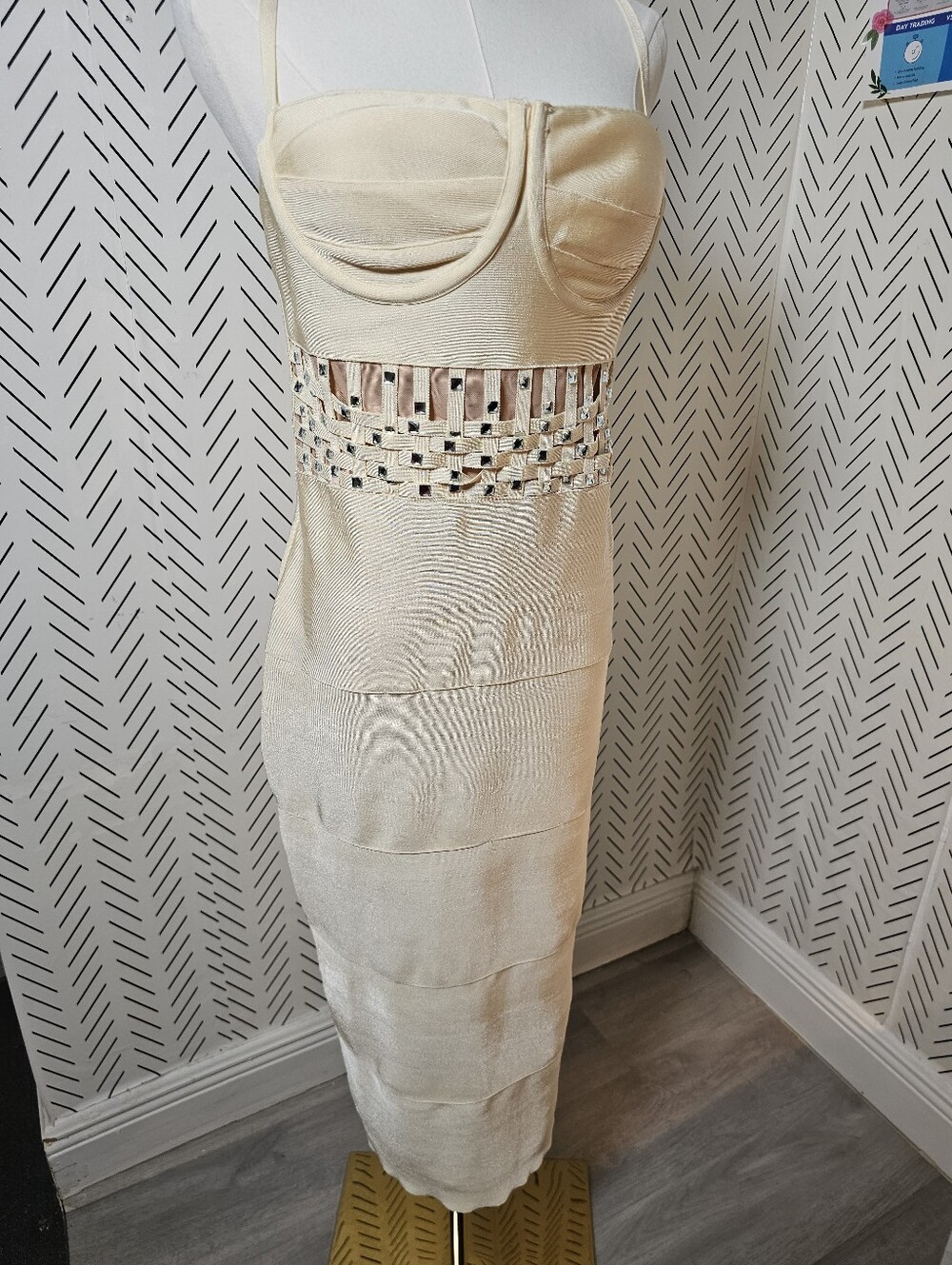 Fashion Nova Cream Strappy Midi Dress with Woven Rhinestone Waistband - Picture 5 of 11
